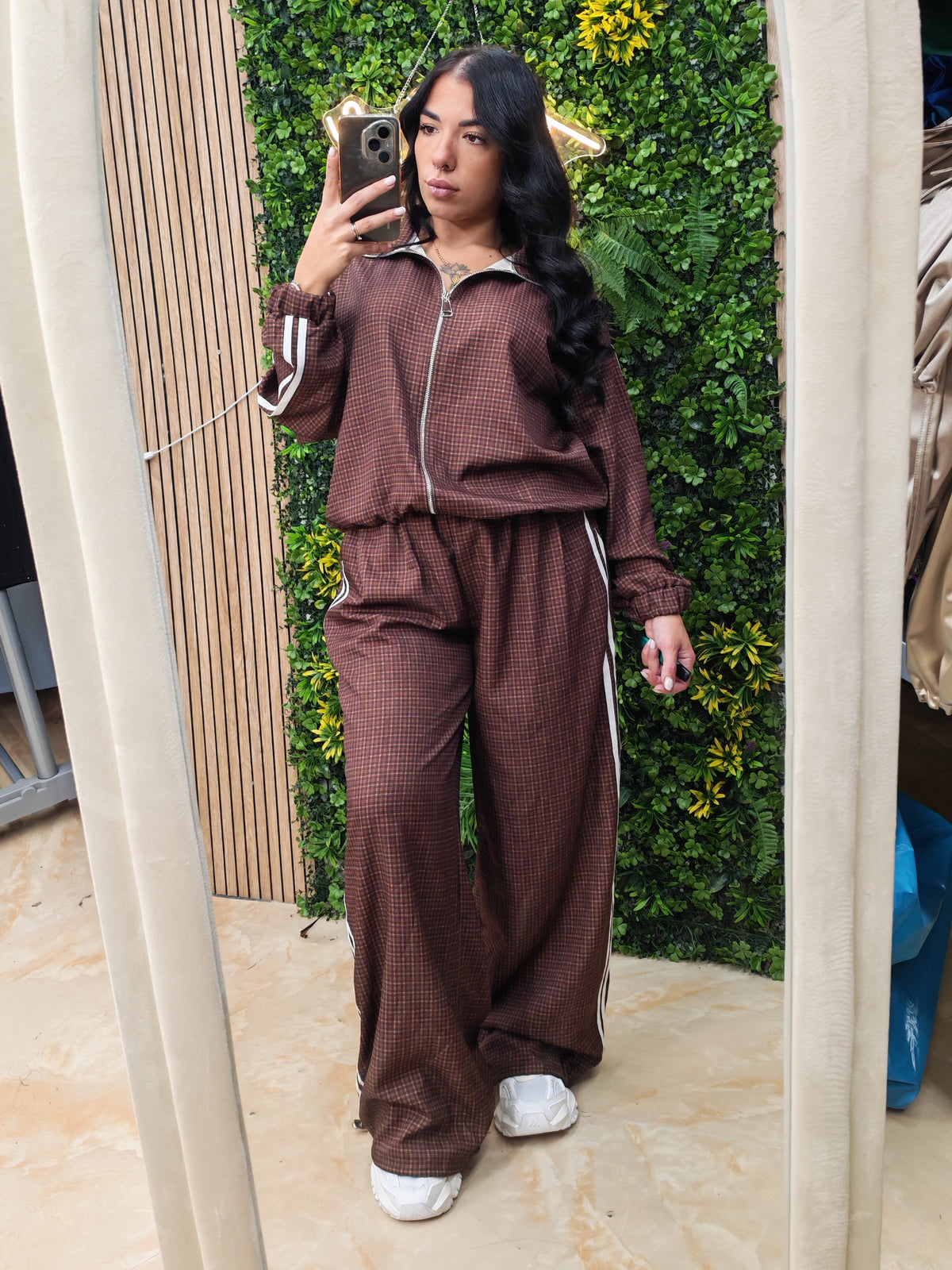 Tuta Quadri – Set Giacca Zip e Pantalone Palazzo a Quadretti