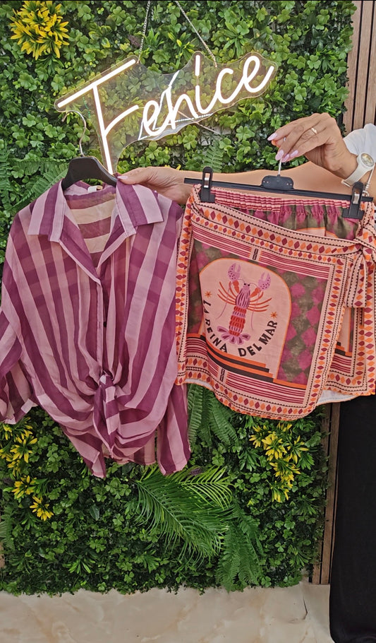 Completo Camicia + Pantagonna "Aragosta Bordeaux" a righe malva