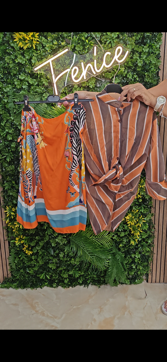 Completo Camicia + Pareo "Zebra" arancio e righe marroni