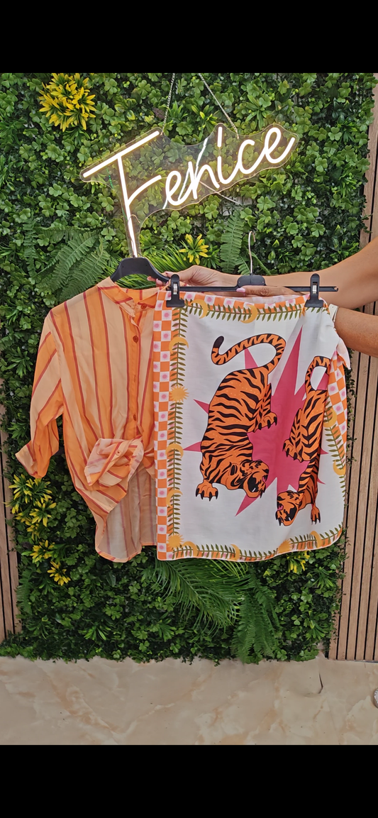 Completo Camicia + Pareo "Tigre" a righe pesca