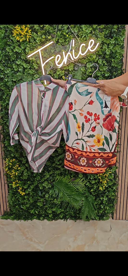 Completo Camicia + Pareo "Fiori e Coccinelle" a righe verdi