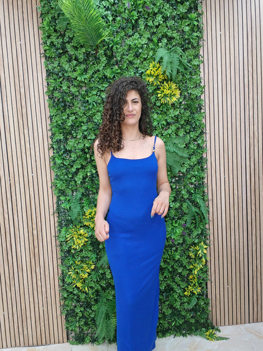 Abito Gioiello a costine con spacco - Blu royal